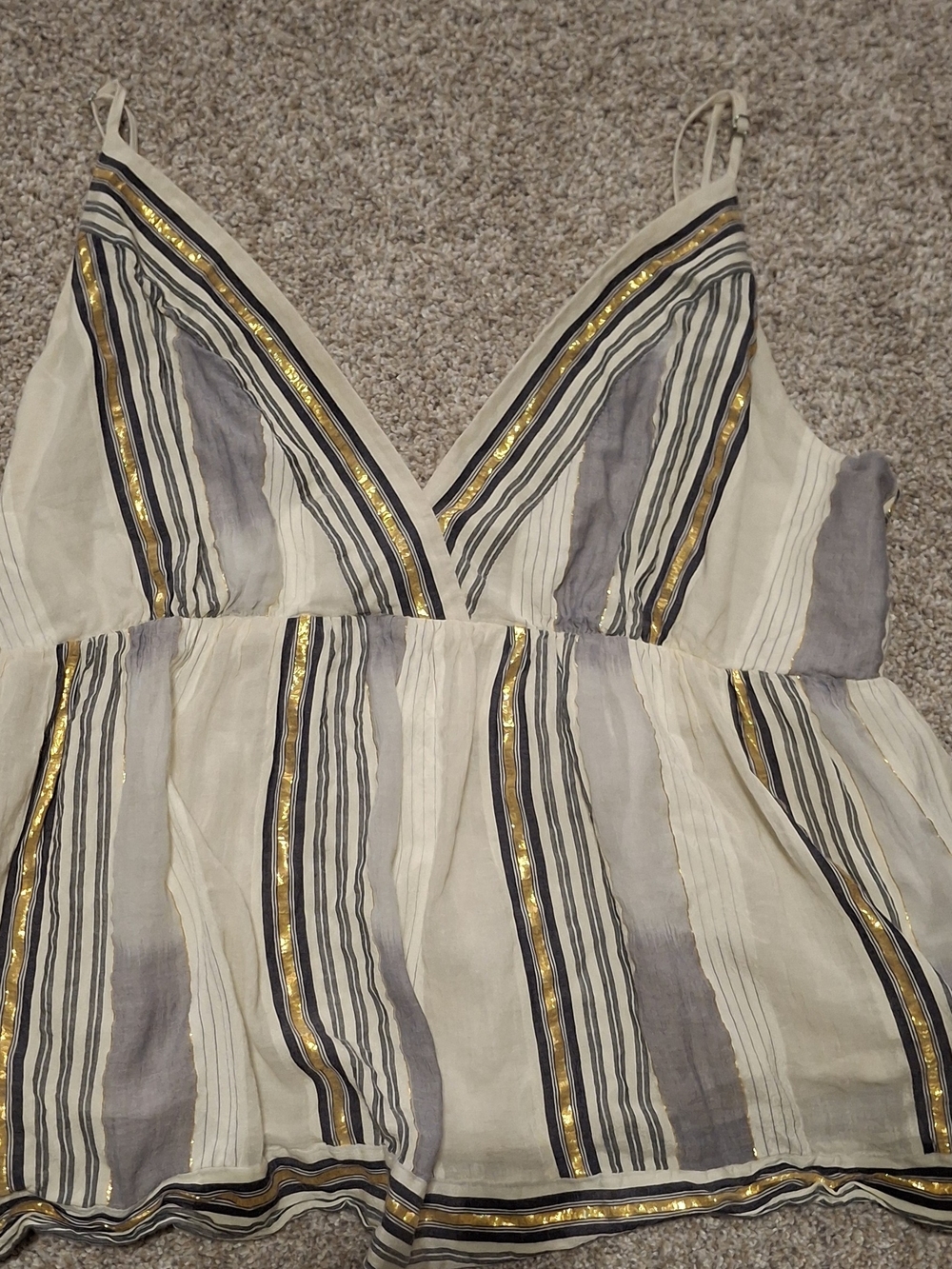 Banana Republic Cream Striped V-Neck Umpire Smocked Tank with Gold Trim